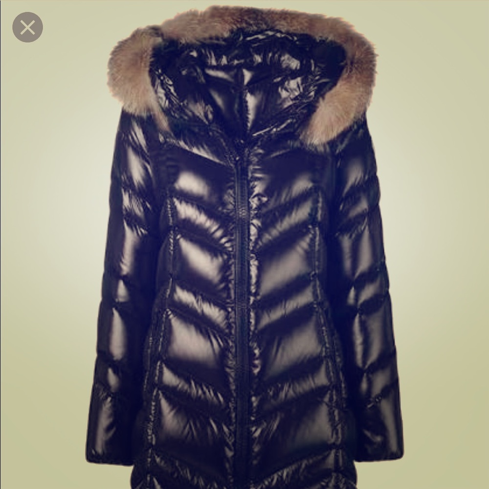 Moncler black fox fur trimmed long coat size small